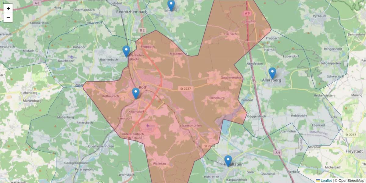 Karte des Postleitzahlen Bereichs  und der umliegenden Postleitzahlen in Deutschland