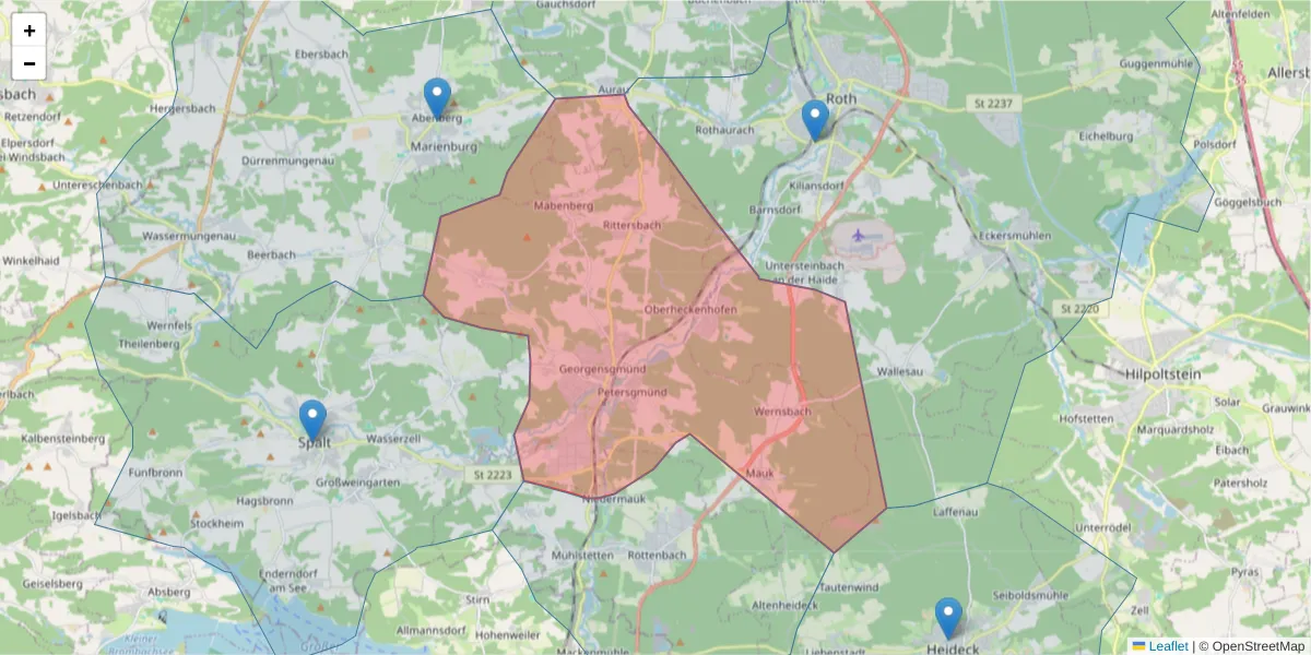 Karte des Postleitzahlen Bereichs  und der umliegenden Postleitzahlen in Deutschland