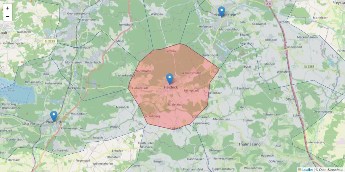 Karte des Postleitzahlen Bereichs  und der umliegenden Postleitzahlen in Deutschland