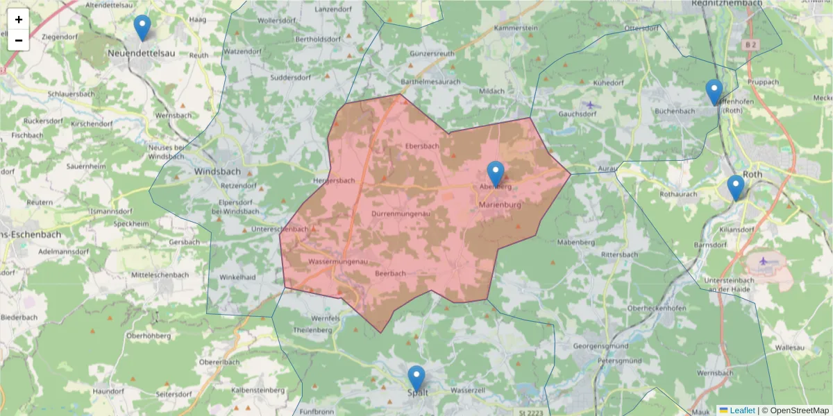Karte des Postleitzahlen Bereichs  und der umliegenden Postleitzahlen in Deutschland