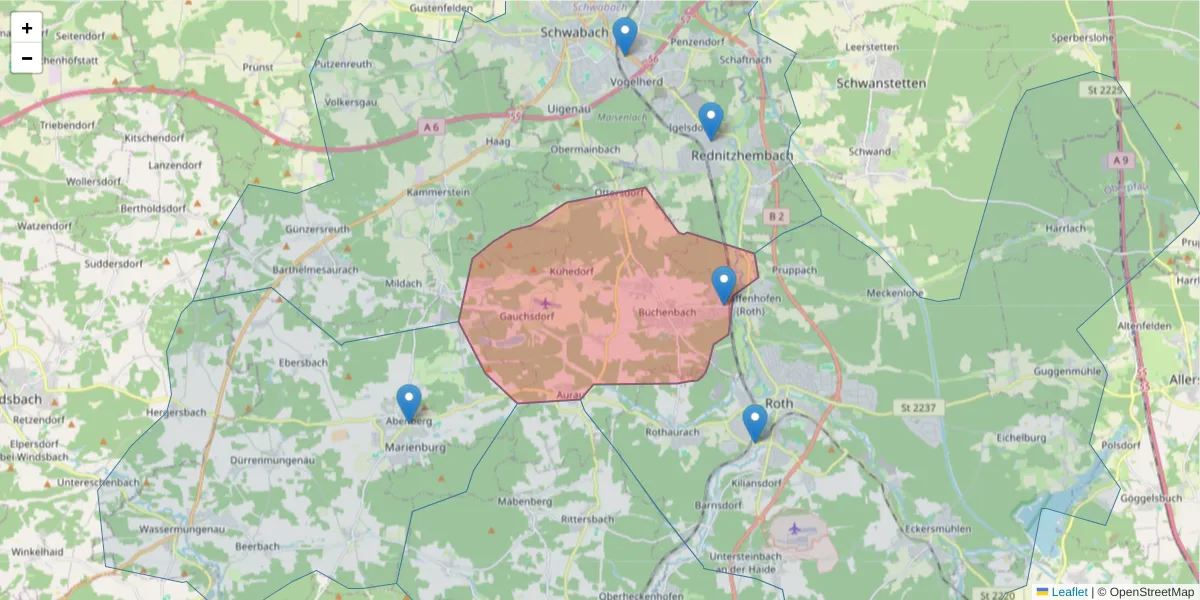 Karte des Postleitzahlen Bereichs  und der umliegenden Postleitzahlen in Deutschland