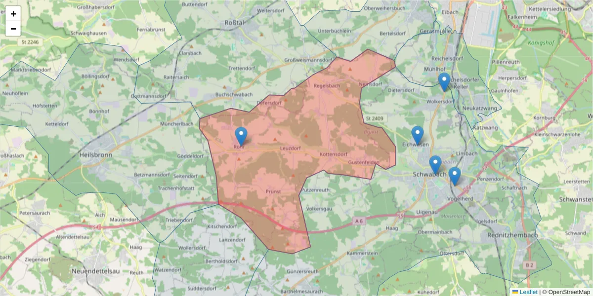 Karte des Postleitzahlen Bereichs  und der umliegenden Postleitzahlen in Deutschland
