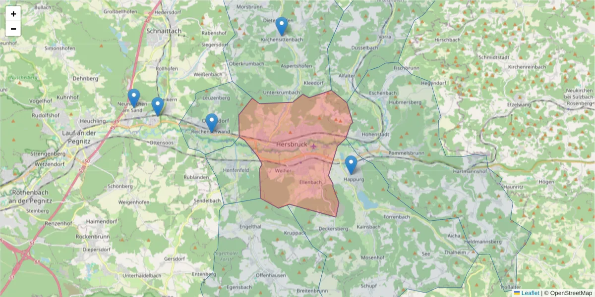 Karte des Postleitzahlen Bereichs  und der umliegenden Postleitzahlen in Deutschland