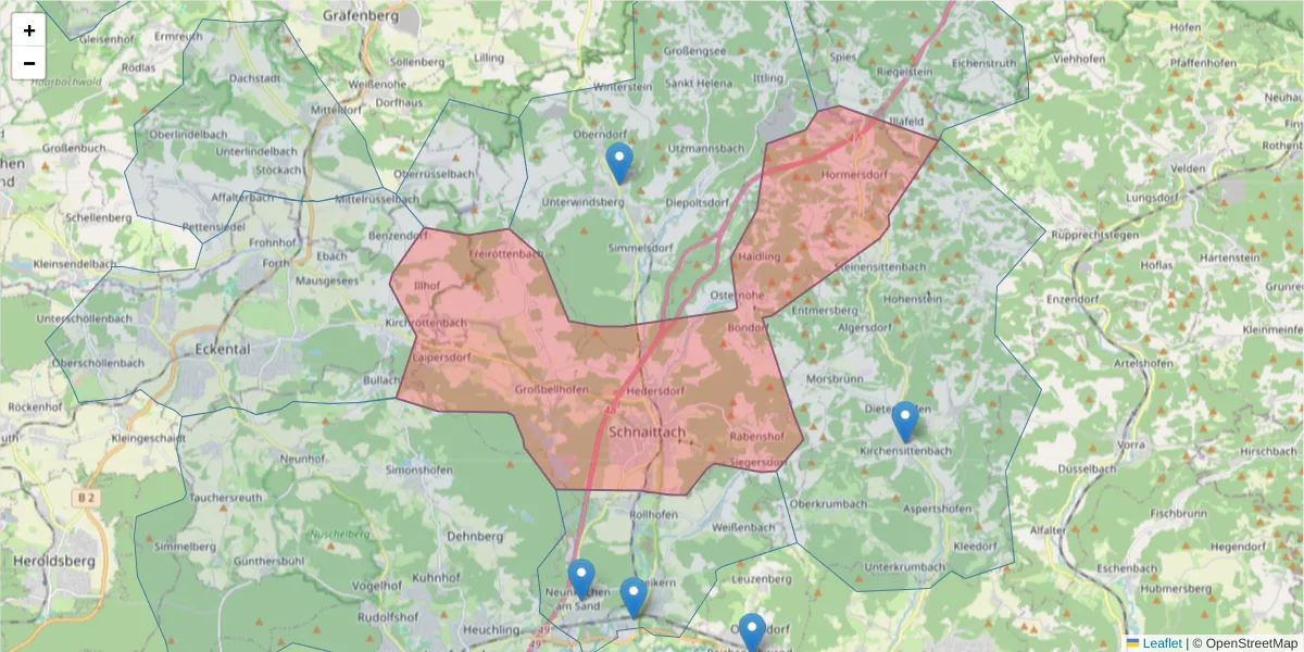 Karte des Postleitzahlen Bereichs  und der umliegenden Postleitzahlen in Deutschland