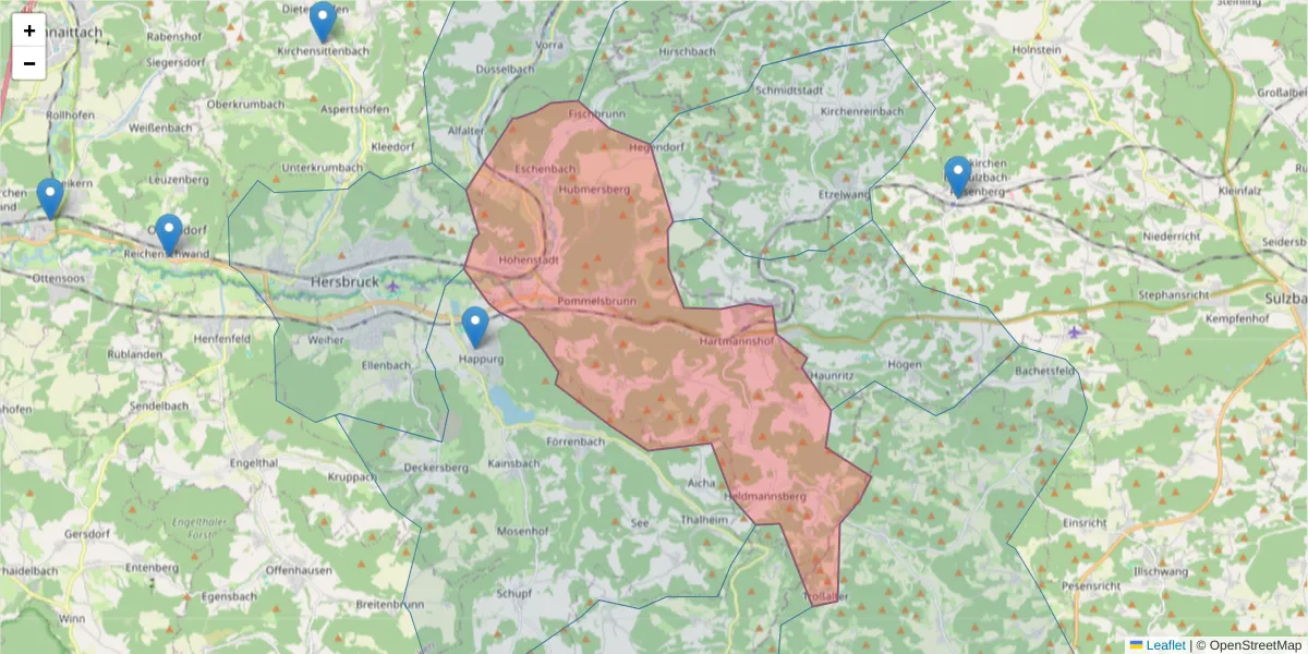 Karte des Postleitzahlen Bereichs  und der umliegenden Postleitzahlen in Deutschland