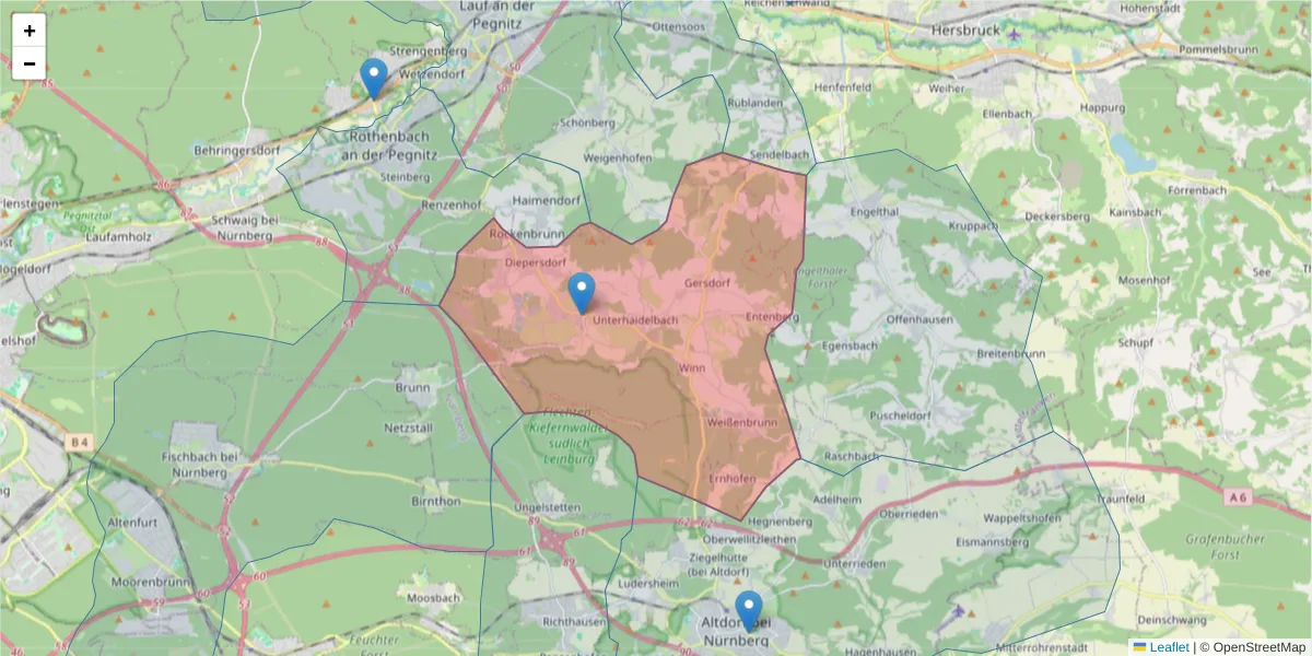 Karte des Postleitzahlen Bereichs  und der umliegenden Postleitzahlen in Deutschland