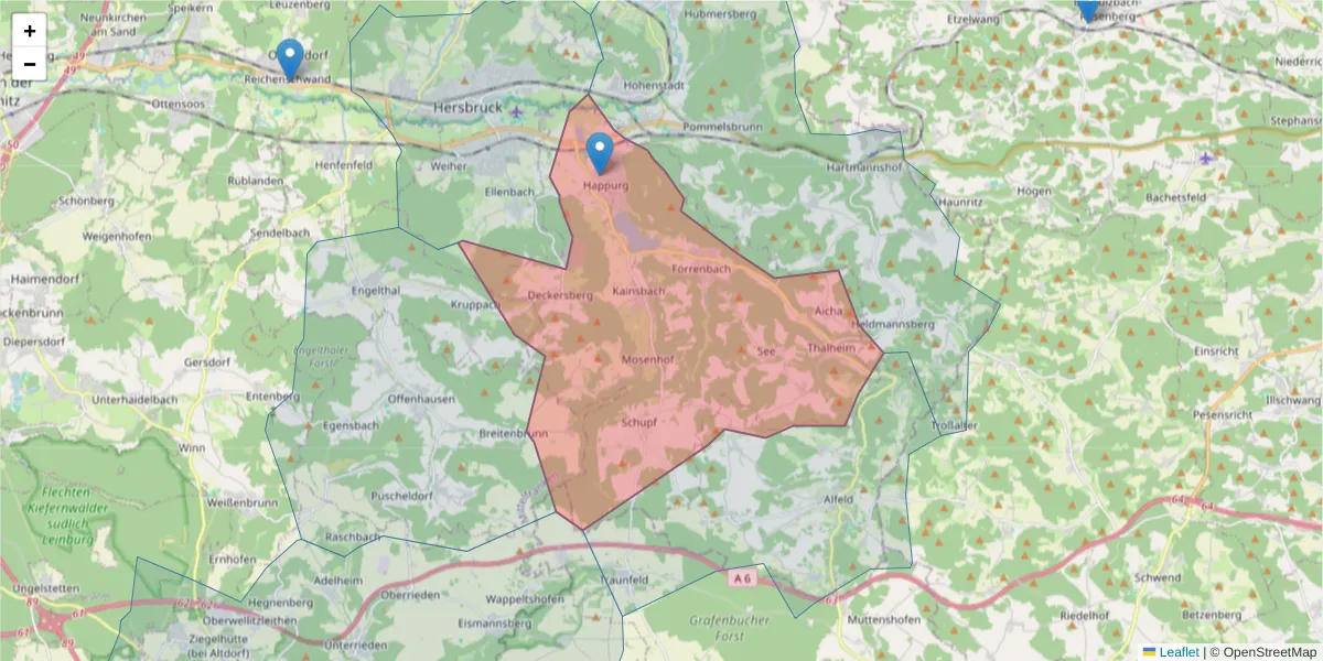 Karte des Postleitzahlen Bereichs  und der umliegenden Postleitzahlen in Deutschland