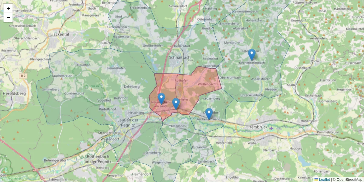 Karte des Postleitzahlen Bereichs  und der umliegenden Postleitzahlen in Deutschland