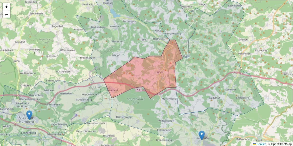 Karte des Postleitzahlen Bereichs  und der umliegenden Postleitzahlen in Deutschland