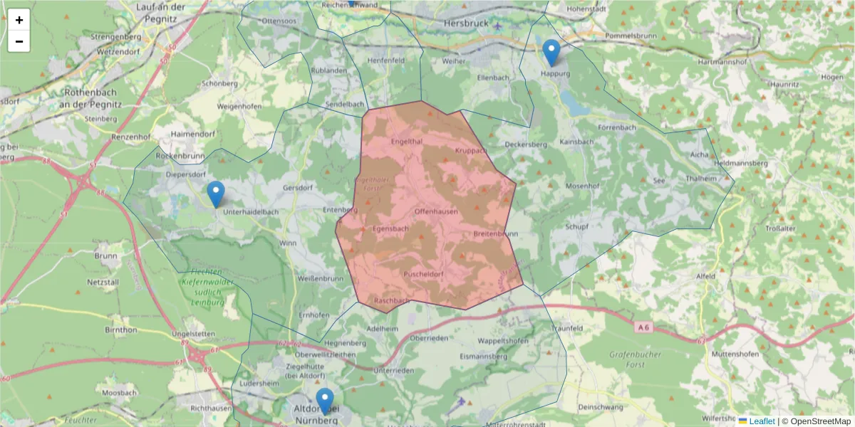Karte des Postleitzahlen Bereichs  und der umliegenden Postleitzahlen in Deutschland