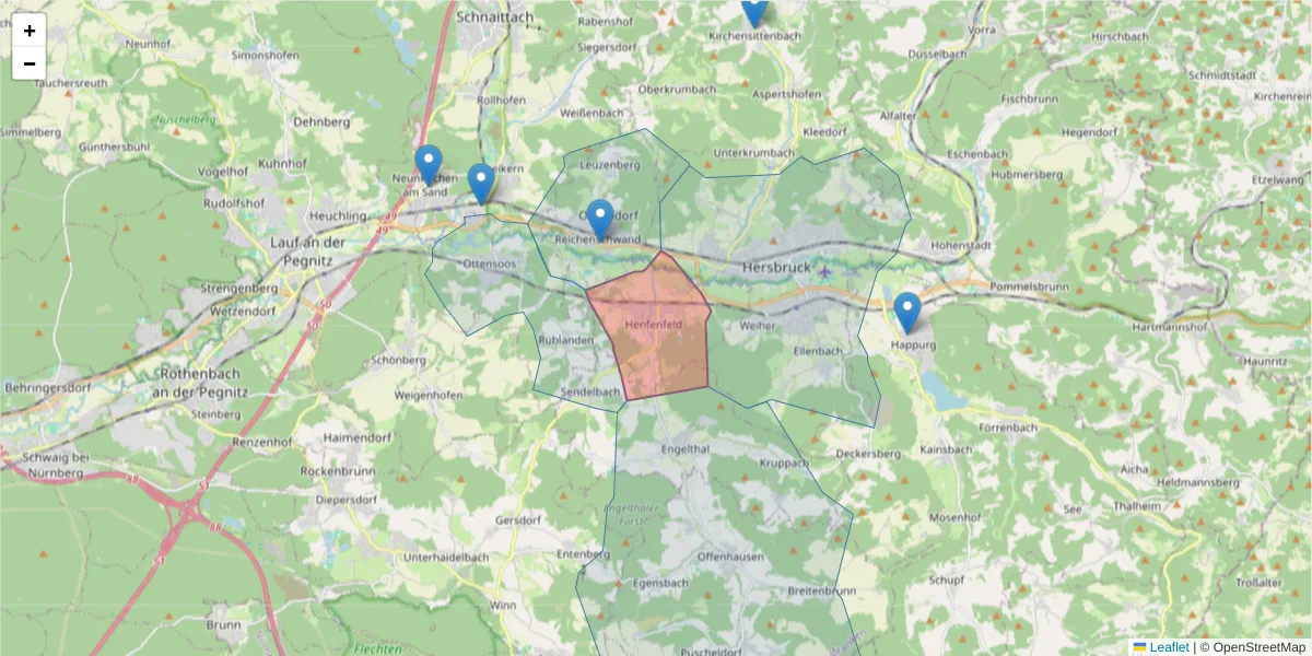Karte des Postleitzahlen Bereichs  und der umliegenden Postleitzahlen in Deutschland