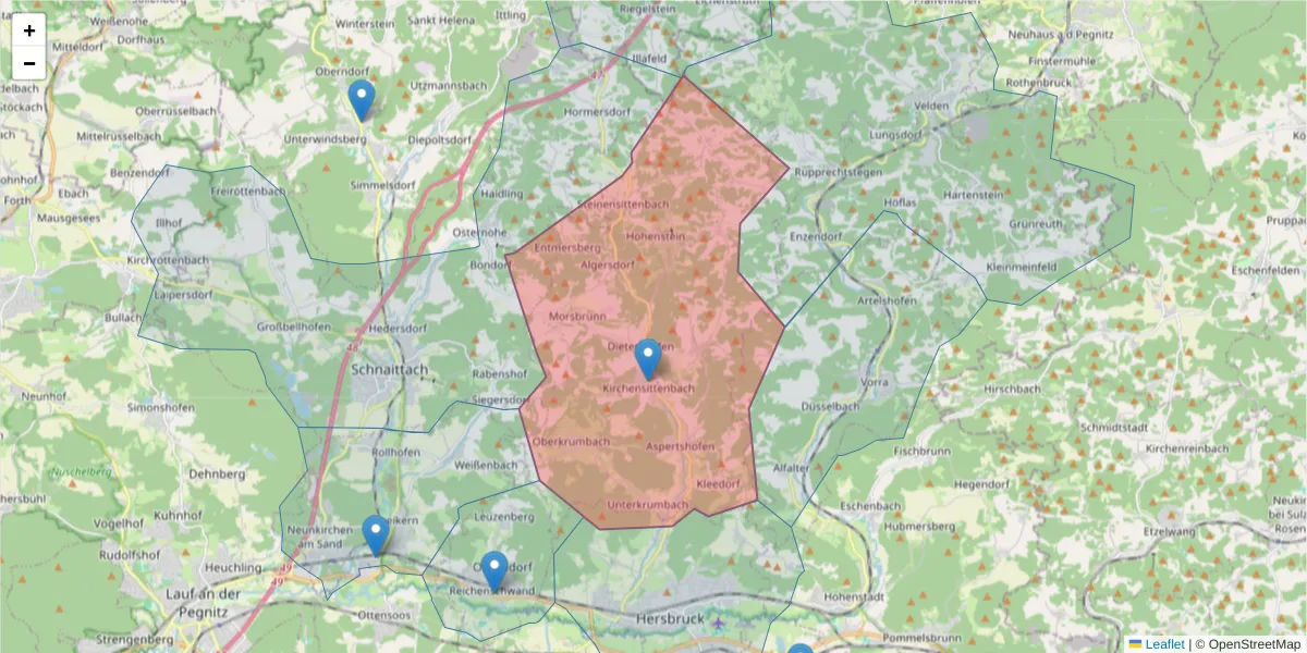 Karte des Postleitzahlen Bereichs  und der umliegenden Postleitzahlen in Deutschland