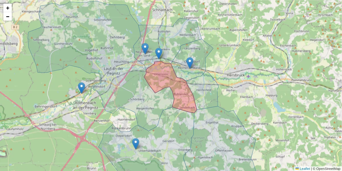 Karte des Postleitzahlen Bereichs  und der umliegenden Postleitzahlen in Deutschland