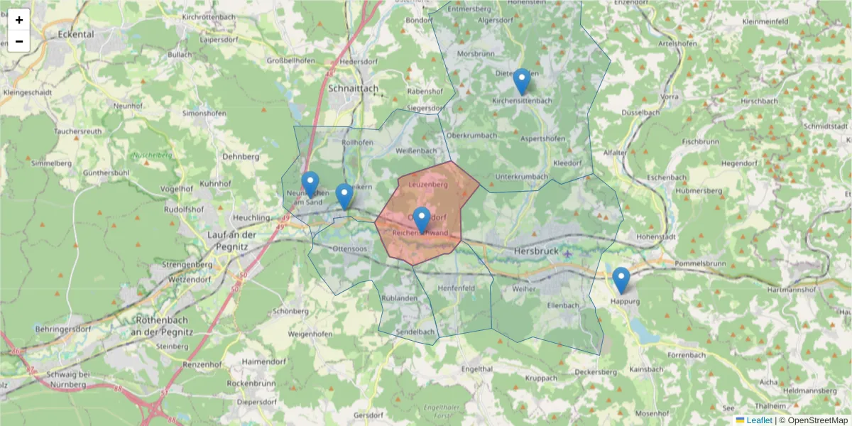 Karte des Postleitzahlen Bereichs  und der umliegenden Postleitzahlen in Deutschland