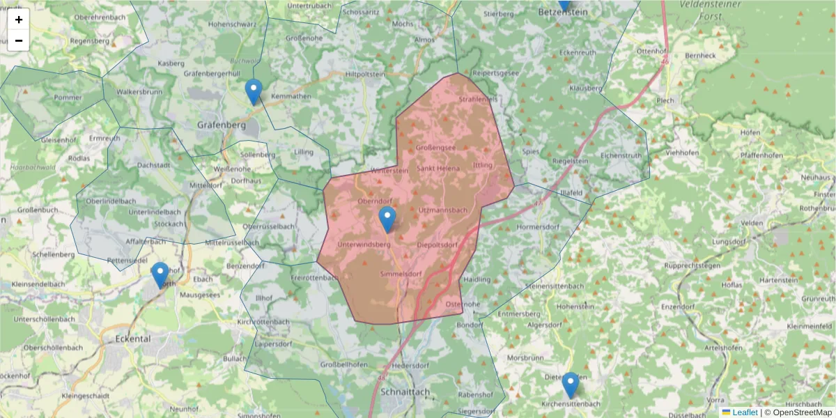 Karte des Postleitzahlen Bereichs  und der umliegenden Postleitzahlen in Deutschland