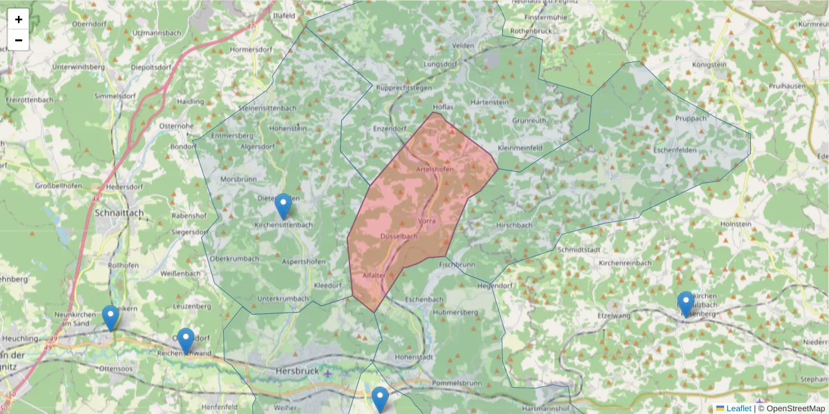 Karte des Postleitzahlen Bereichs  und der umliegenden Postleitzahlen in Deutschland