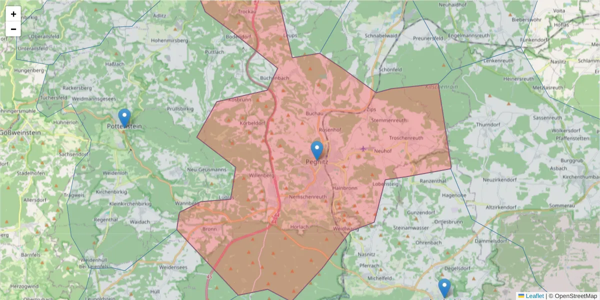 Karte des Postleitzahlen Bereichs  und der umliegenden Postleitzahlen in Deutschland