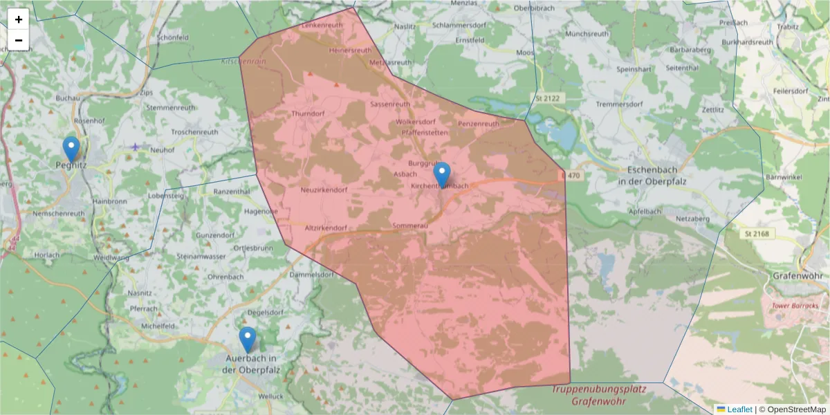 Karte des Postleitzahlen Bereichs  und der umliegenden Postleitzahlen in Deutschland