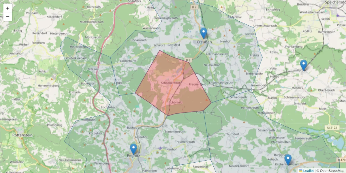 Karte des Postleitzahlen Bereichs  und der umliegenden Postleitzahlen in Deutschland