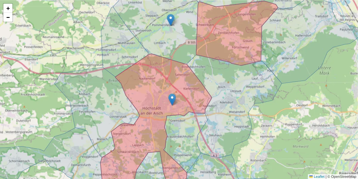 Karte des Postleitzahlen Bereichs  und der umliegenden Postleitzahlen in Deutschland