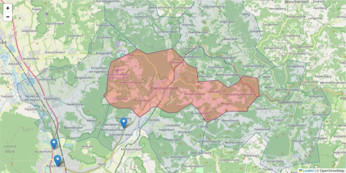Karte des Postleitzahlen Bereichs  und der umliegenden Postleitzahlen in Deutschland