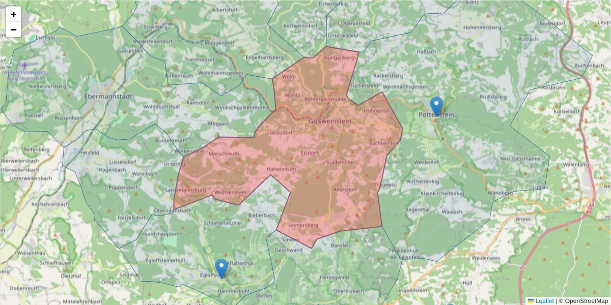Karte des Postleitzahlen Bereichs  und der umliegenden Postleitzahlen in Deutschland
