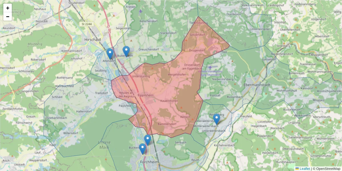 Karte des Postleitzahlen Bereichs  und der umliegenden Postleitzahlen in Deutschland