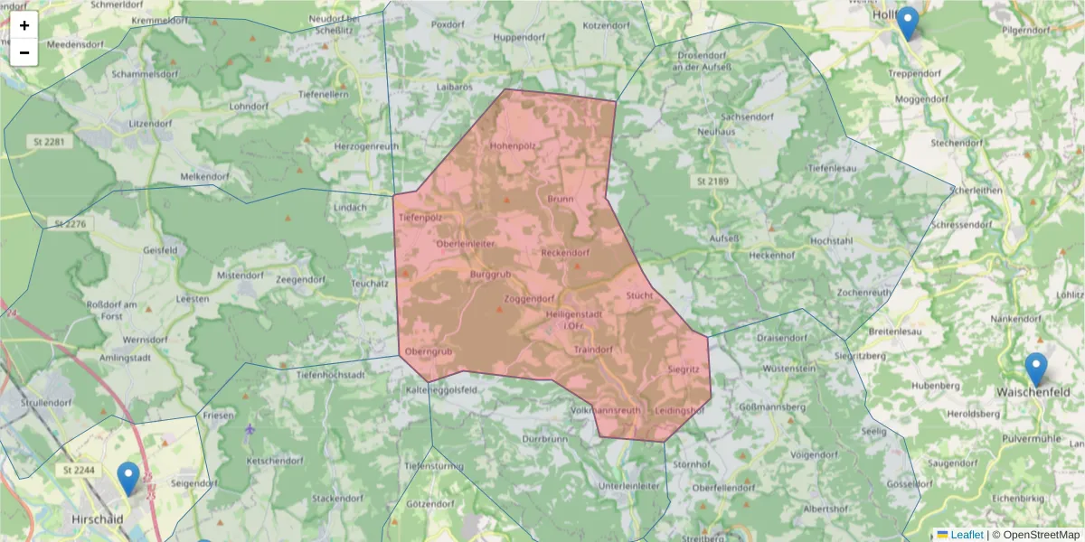 Karte des Postleitzahlen Bereichs  und der umliegenden Postleitzahlen in Deutschland