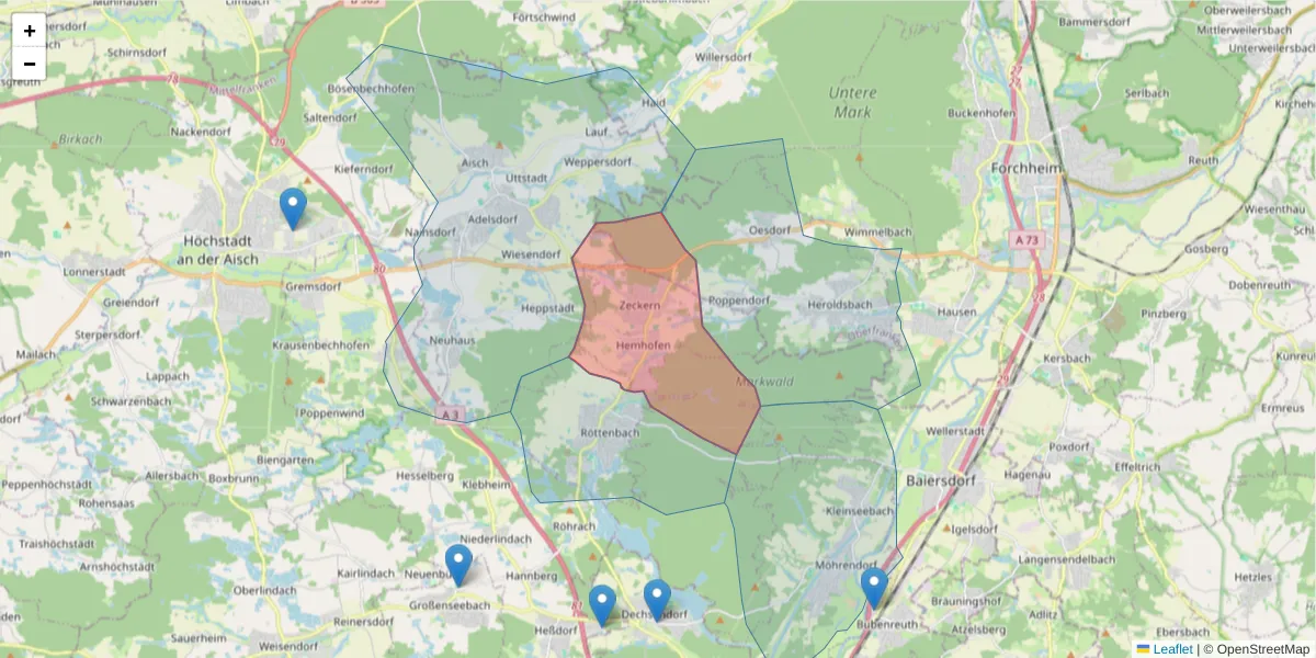 Karte des Postleitzahlen Bereichs  und der umliegenden Postleitzahlen in Deutschland