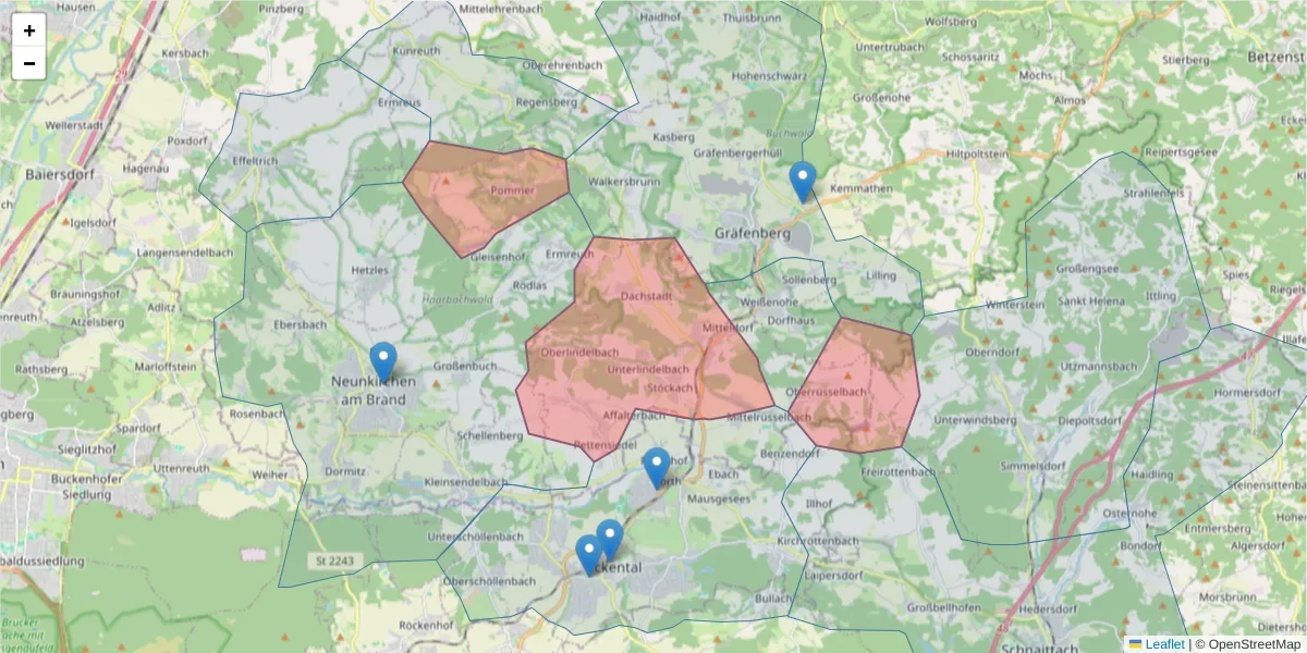 Karte des Postleitzahlen Bereichs  und der umliegenden Postleitzahlen in Deutschland