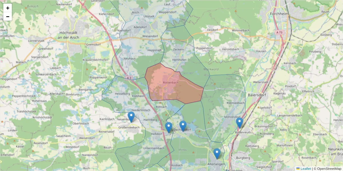 Karte des Postleitzahlen Bereichs  und der umliegenden Postleitzahlen in Deutschland