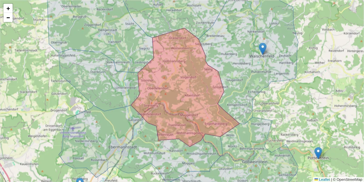 Karte des Postleitzahlen Bereichs  und der umliegenden Postleitzahlen in Deutschland