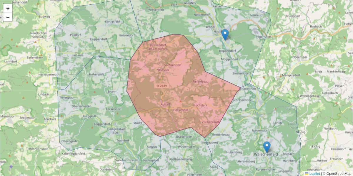 Karte des Postleitzahlen Bereichs  und der umliegenden Postleitzahlen in Deutschland