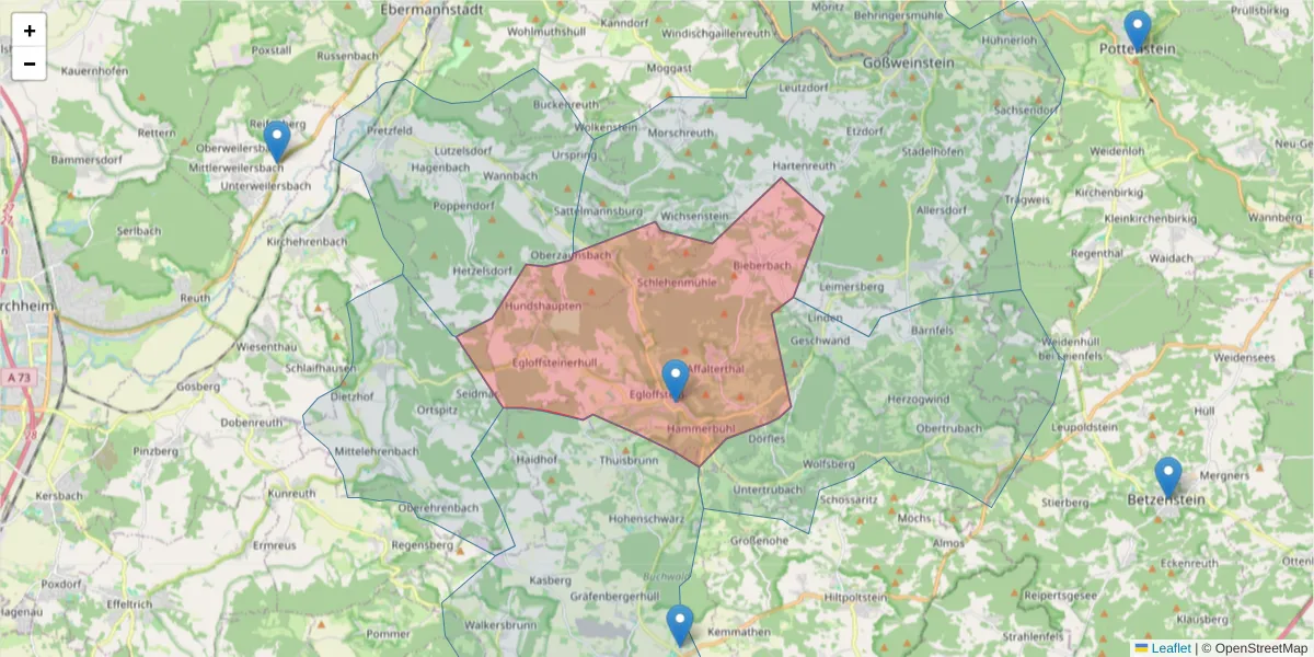 Karte des Postleitzahlen Bereichs  und der umliegenden Postleitzahlen in Deutschland