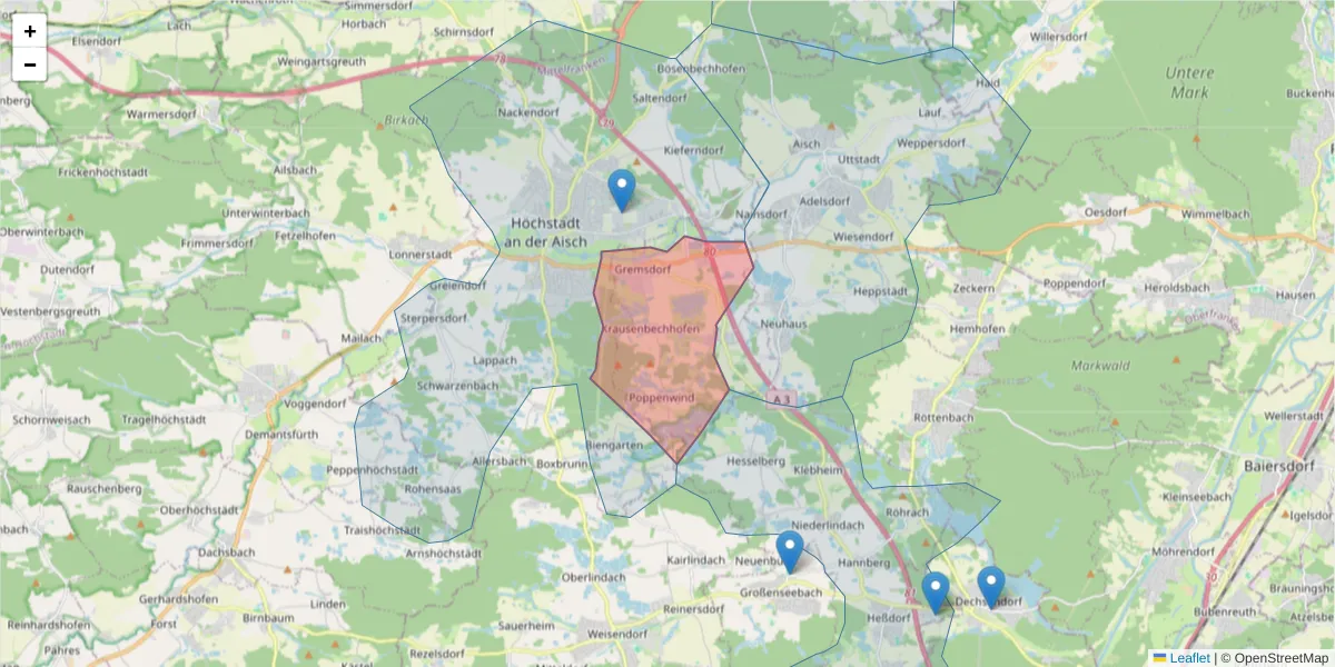 Karte des Postleitzahlen Bereichs  und der umliegenden Postleitzahlen in Deutschland