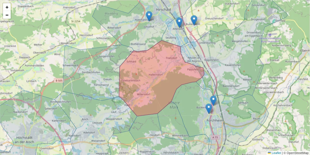 Karte des Postleitzahlen Bereichs  und der umliegenden Postleitzahlen in Deutschland