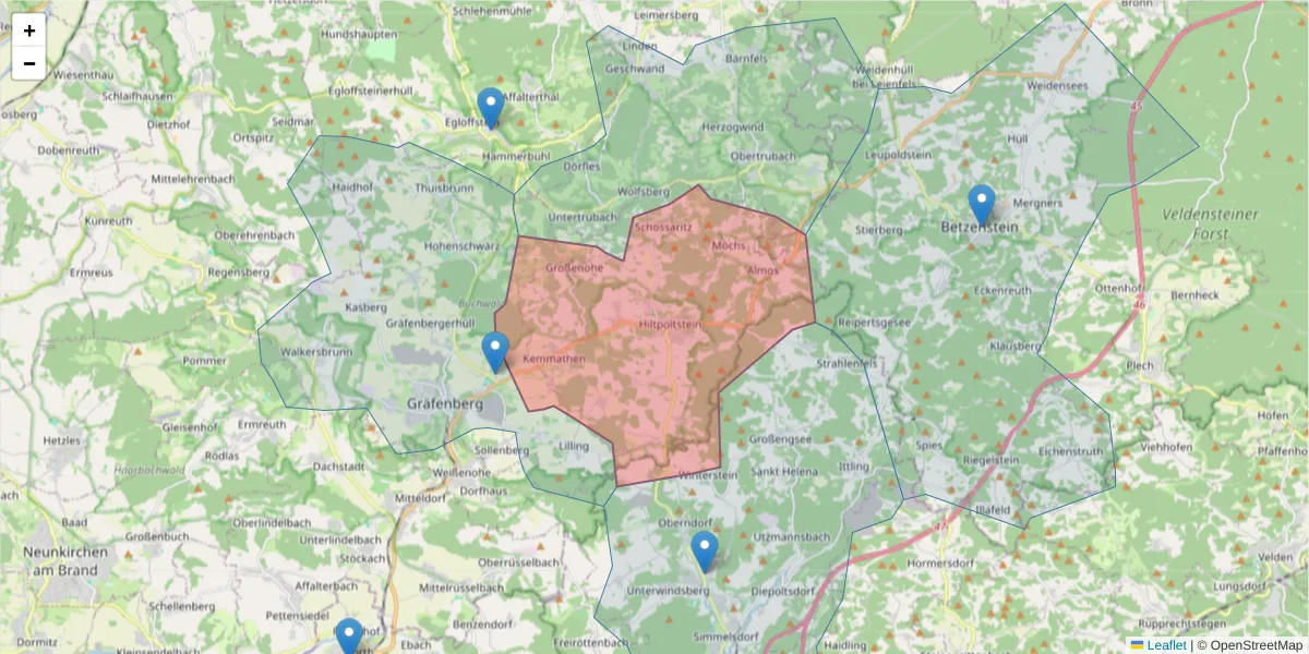 Karte des Postleitzahlen Bereichs  und der umliegenden Postleitzahlen in Deutschland