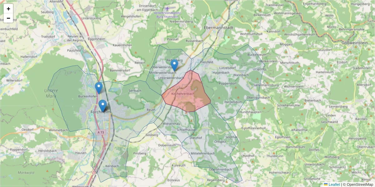 Karte des Postleitzahlen Bereichs  und der umliegenden Postleitzahlen in Deutschland