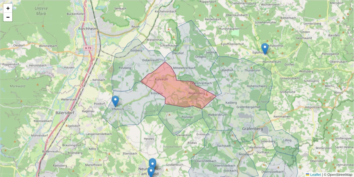 Karte des Postleitzahlen Bereichs  und der umliegenden Postleitzahlen in Deutschland