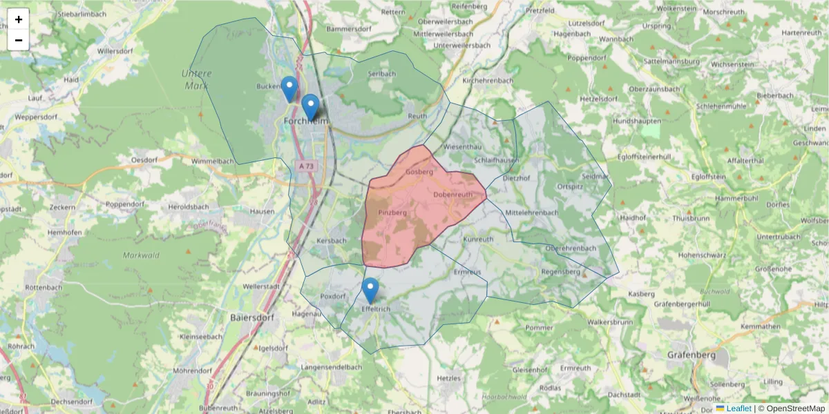 Karte des Postleitzahlen Bereichs  und der umliegenden Postleitzahlen in Deutschland