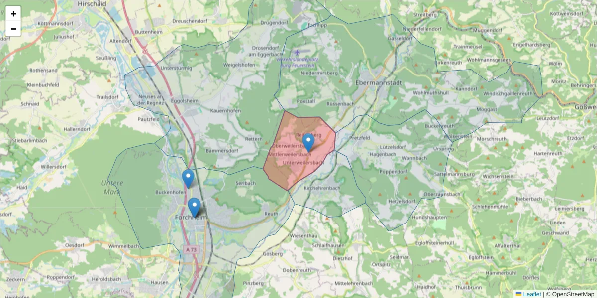 Karte des Postleitzahlen Bereichs  und der umliegenden Postleitzahlen in Deutschland