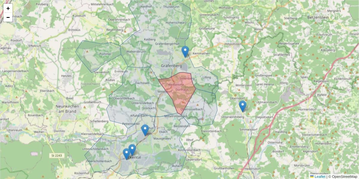 Karte des Postleitzahlen Bereichs  und der umliegenden Postleitzahlen in Deutschland