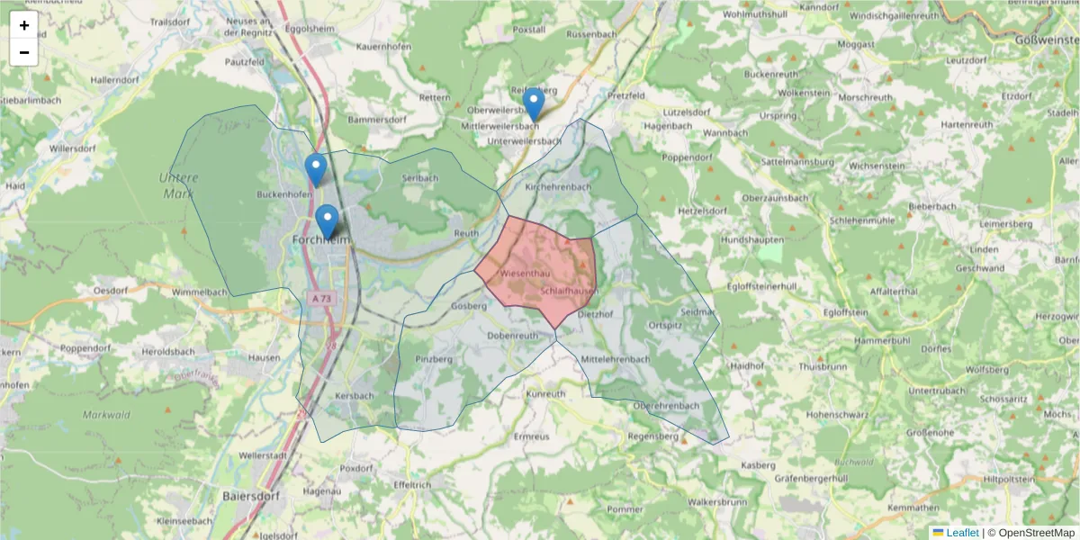 Karte des Postleitzahlen Bereichs  und der umliegenden Postleitzahlen in Deutschland