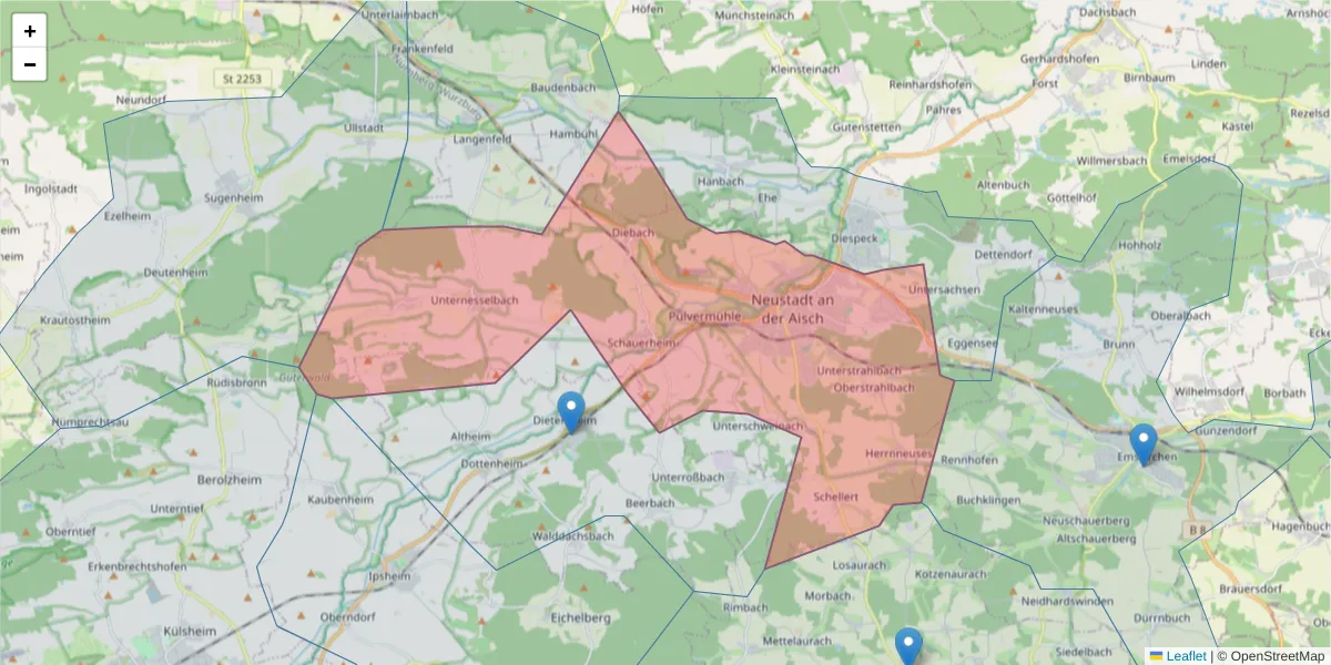 Karte des Postleitzahlen Bereichs  und der umliegenden Postleitzahlen in Deutschland