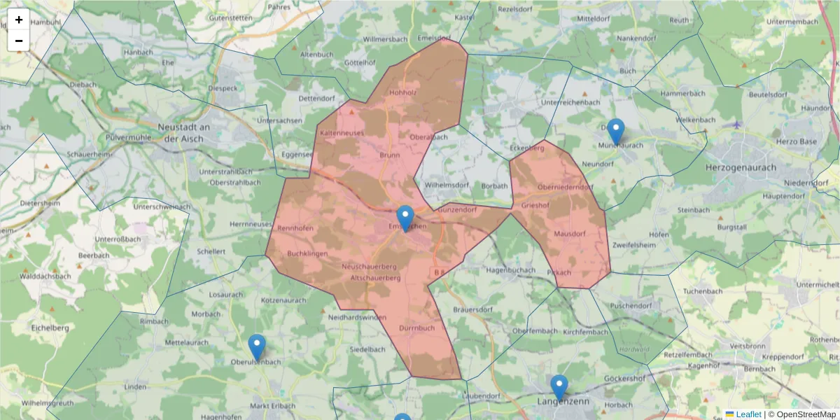 Karte des Postleitzahlen Bereichs  und der umliegenden Postleitzahlen in Deutschland
