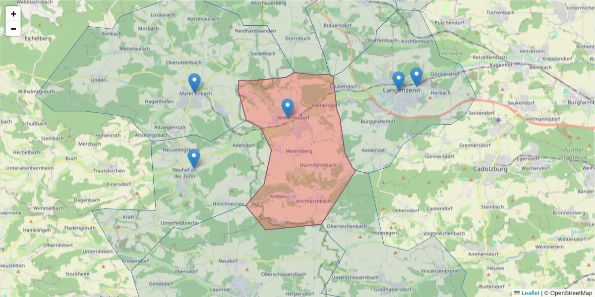 Karte des Postleitzahlen Bereichs  und der umliegenden Postleitzahlen in Deutschland