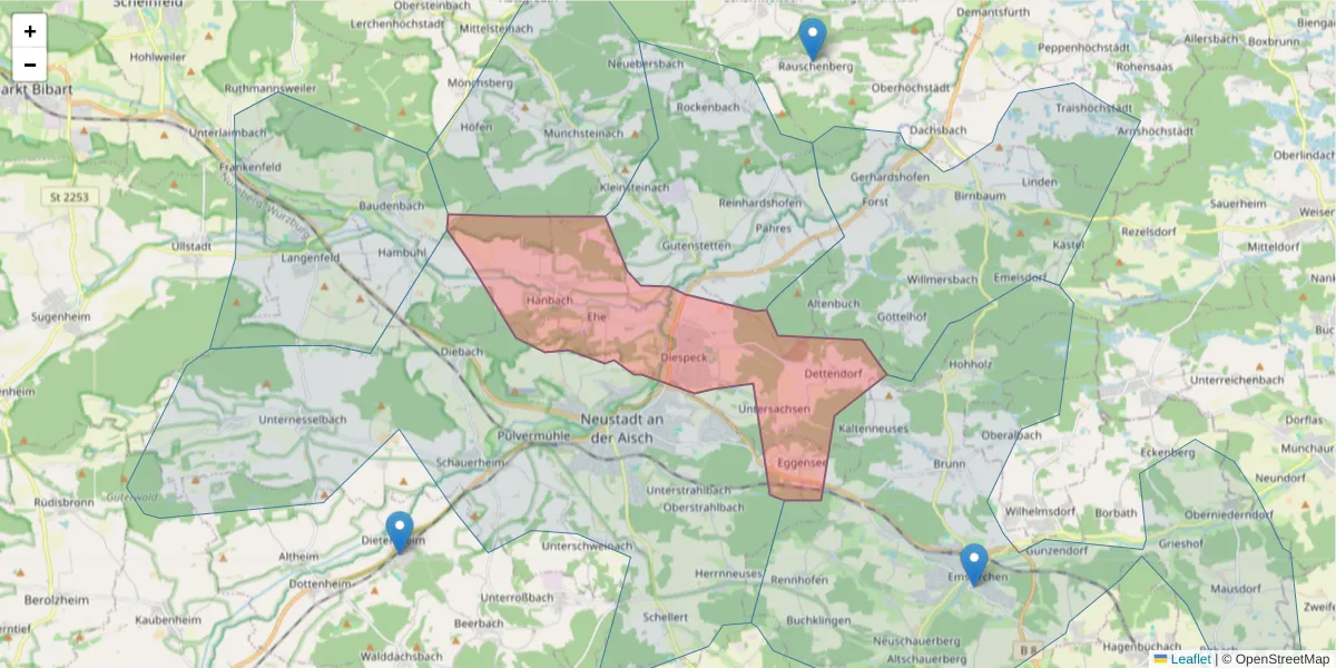 Karte des Postleitzahlen Bereichs  und der umliegenden Postleitzahlen in Deutschland