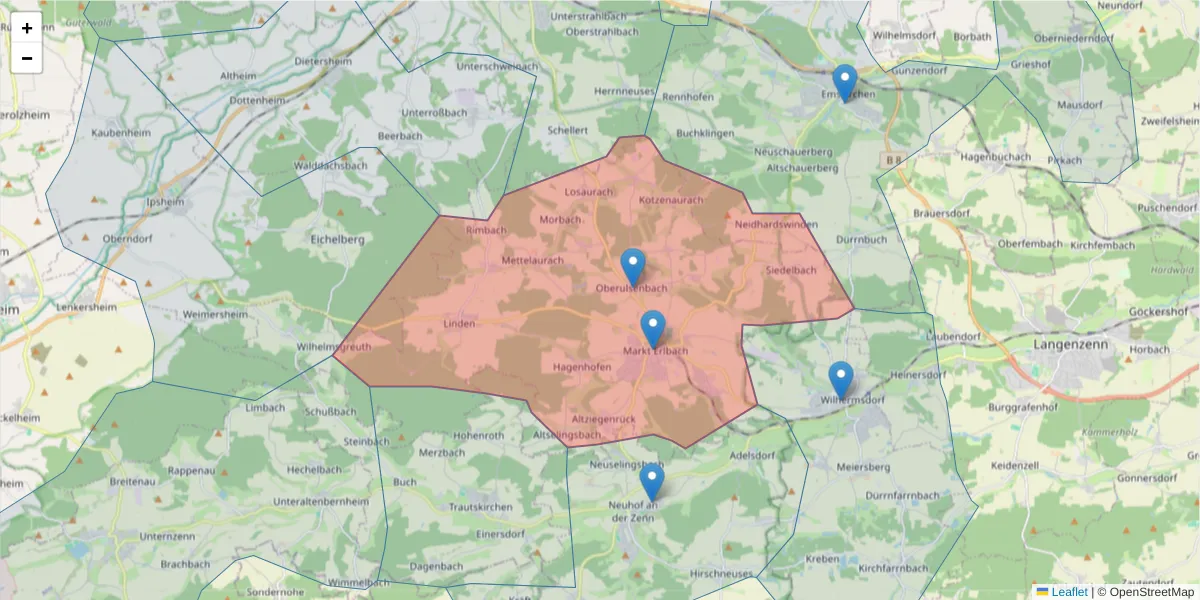 Karte des Postleitzahlen Bereichs  und der umliegenden Postleitzahlen in Deutschland