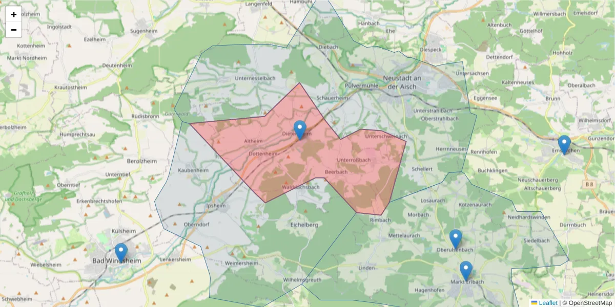 Karte des Postleitzahlen Bereichs  und der umliegenden Postleitzahlen in Deutschland