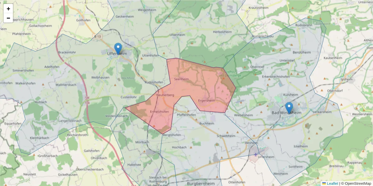 Karte des Postleitzahlen Bereichs  und der umliegenden Postleitzahlen in Deutschland
